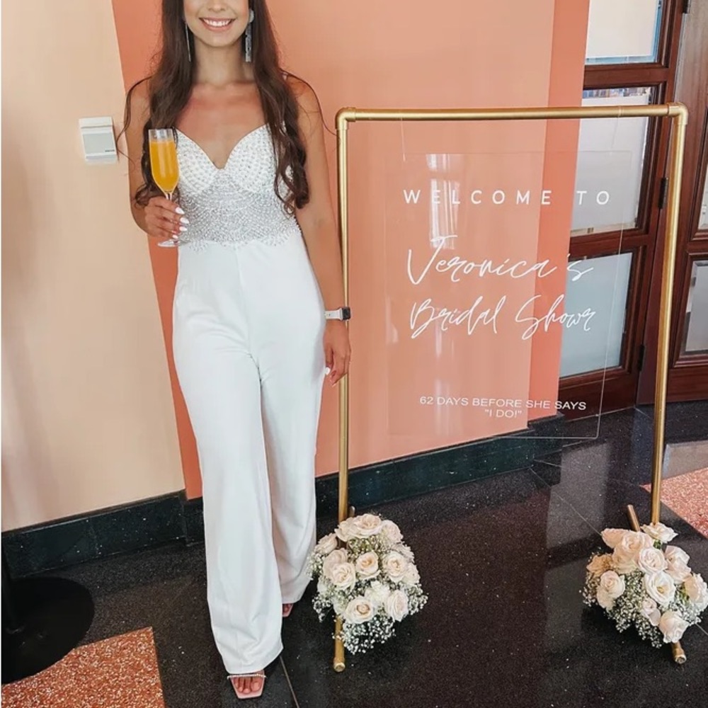 White pearl sequin bridal wedding sleeveless jumpsuit